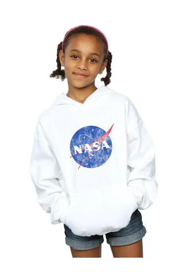 NASA Girls Classic Insignia Logo Distressed Hoodie - White
