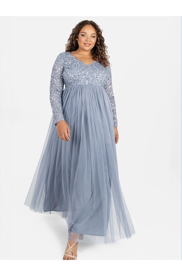 Maya Dusty Blue V Neck Embellished Long Sleeve Maxi Dress