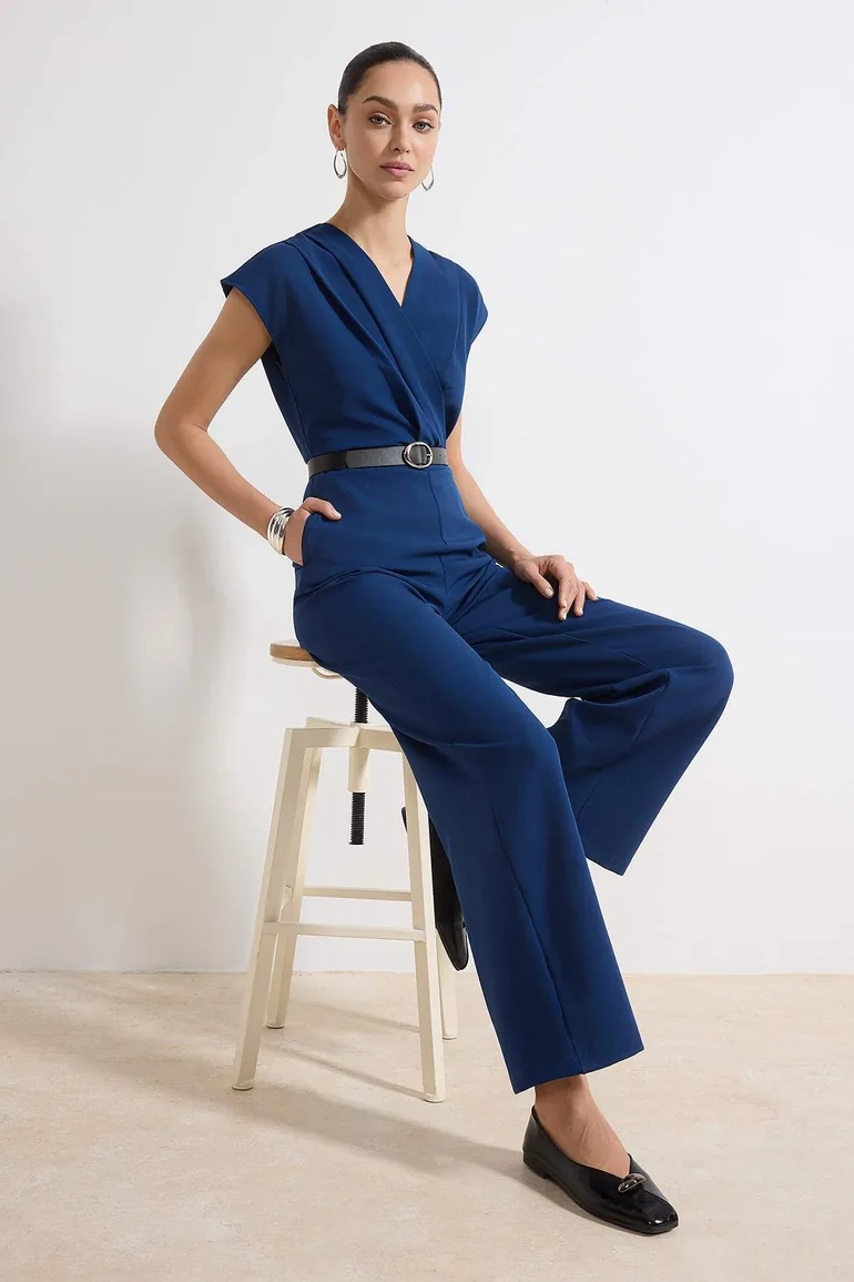 Petrol Belted Double Breasted Maxi Jumpsuit Overalls - 1