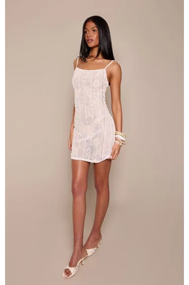 Tall White Floral Textured Straight Neck Strappy Mini Dress