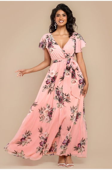 Sustainable Printed Flutter Sleeve Maxi Dress - Peach by Goddiva