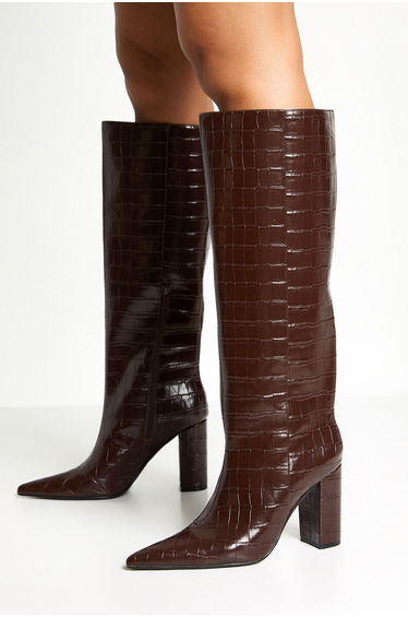 Croc Block Heel Column Boots - chocolate