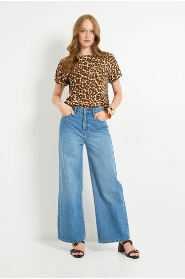 Leopard Jersey Roll Sleeve Button T Shirt