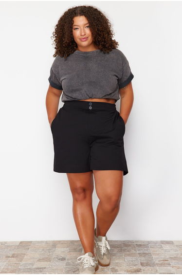Black Button Detailed Knitted Shorts & Bermuda