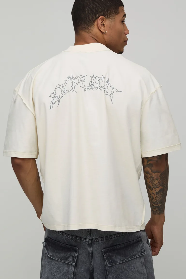 Ecru Oversized Boxy Print Exposed Seam T-Shirt - ecru - 1