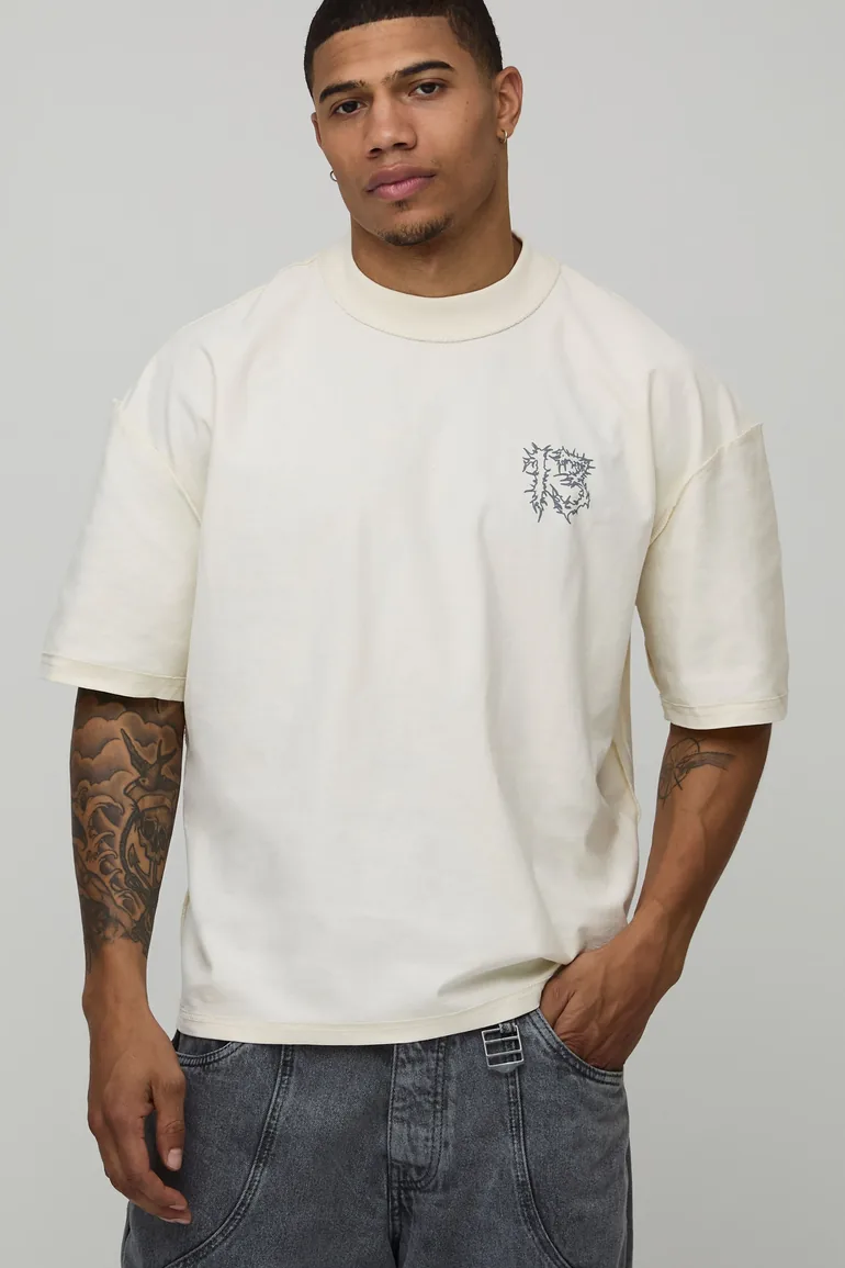 Ecru Oversized Boxy Print Exposed Seam T-Shirt - ecru