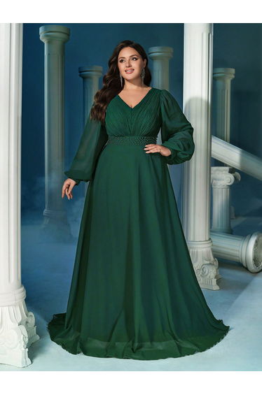 Elegant Temperament Plus Size V-Neck Lantern Sleeve Faux Pearl Decoration Waist Gown Dress