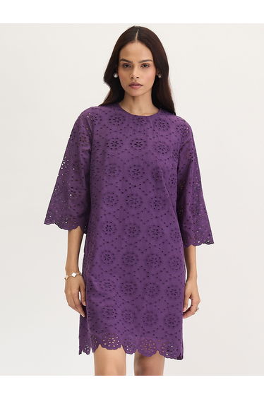 Purple Cotton Schiffli Knee Length Dress