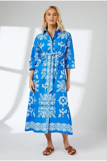 Blue Tile Print Tie Front Midaxi Shirt Dress