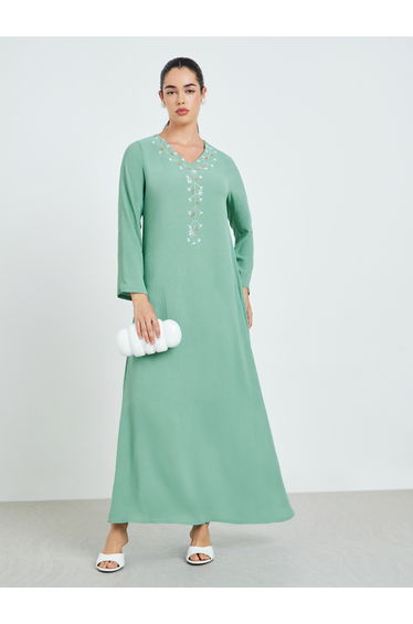 Women Green Embroidered A-Line Jalabiya