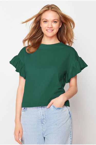 Emerald Green 100% Cotton Ruffle Detail Basic Crew Neck Knitted T-Shirt