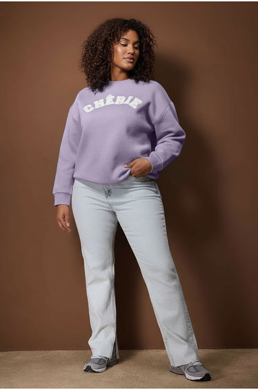 Purple thick fleece-lined oversize slogan embroidered knitted plus size sweatshirt