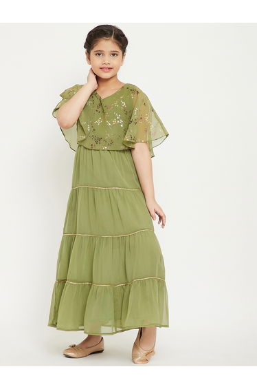 Foil Print Cape Sleeves Tiered Maxi Dress