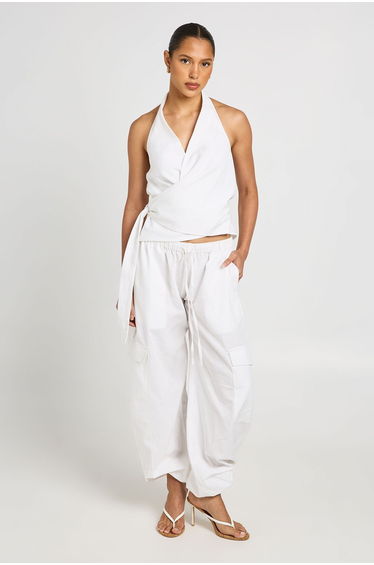 Linen Look Halterneck Wrap Top - white
