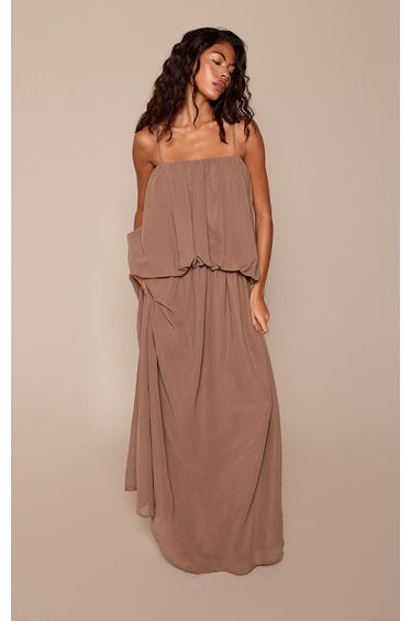 Taupe Chiffon Layered Puffball Maxi Dress