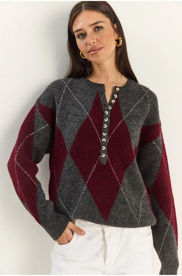 LUCCI Knit Crew Neck Sweater with Button Closure