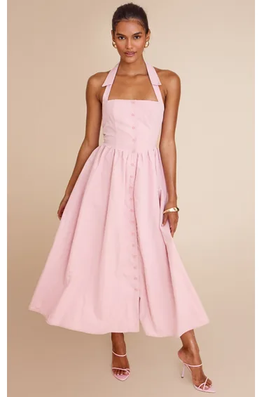 Dusty Pink Woven Button Collar Midaxi Dress