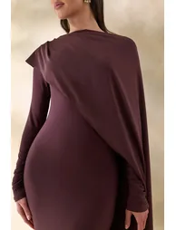 Salenne | Brown Round-Neck Maxi Dress With Satin Asymmetric-Cape - 2