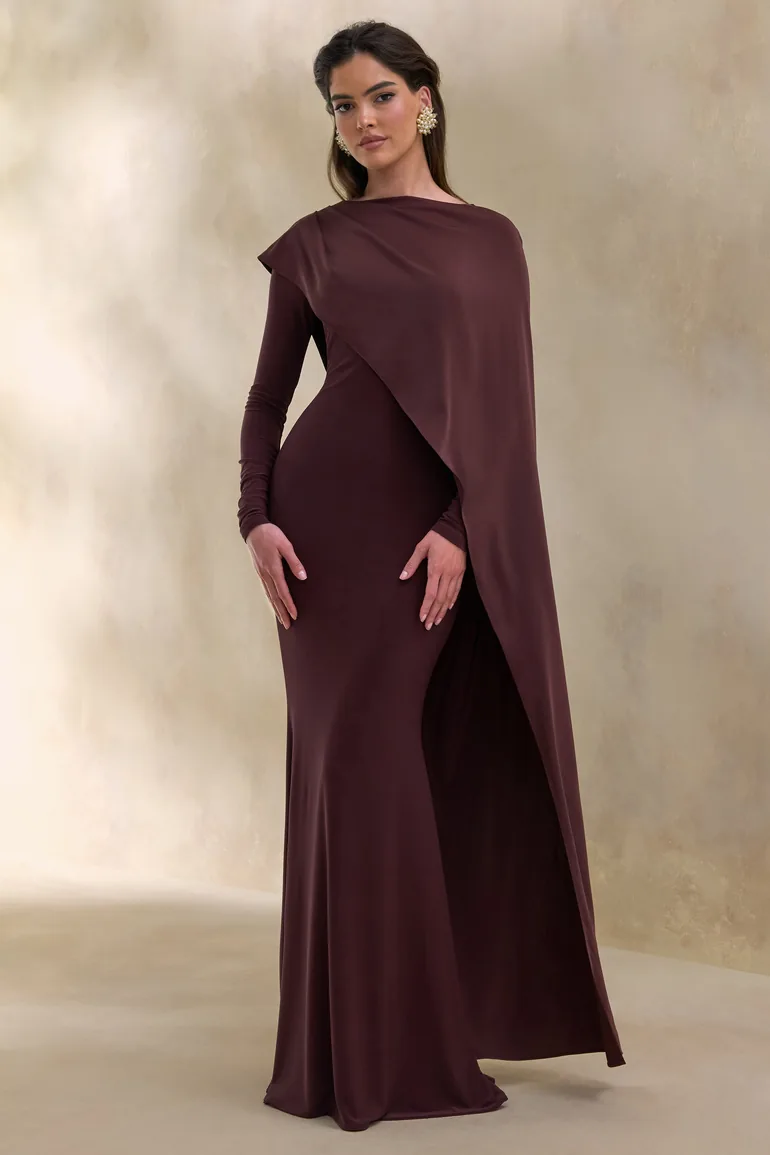 Salenne | Brown Round-Neck Maxi Dress With Satin Asymmetric-Cape - 5
