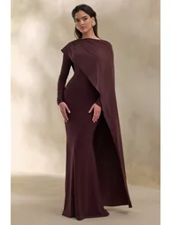 Salenne | Brown Round-Neck Maxi Dress With Satin Asymmetric-Cape - 5