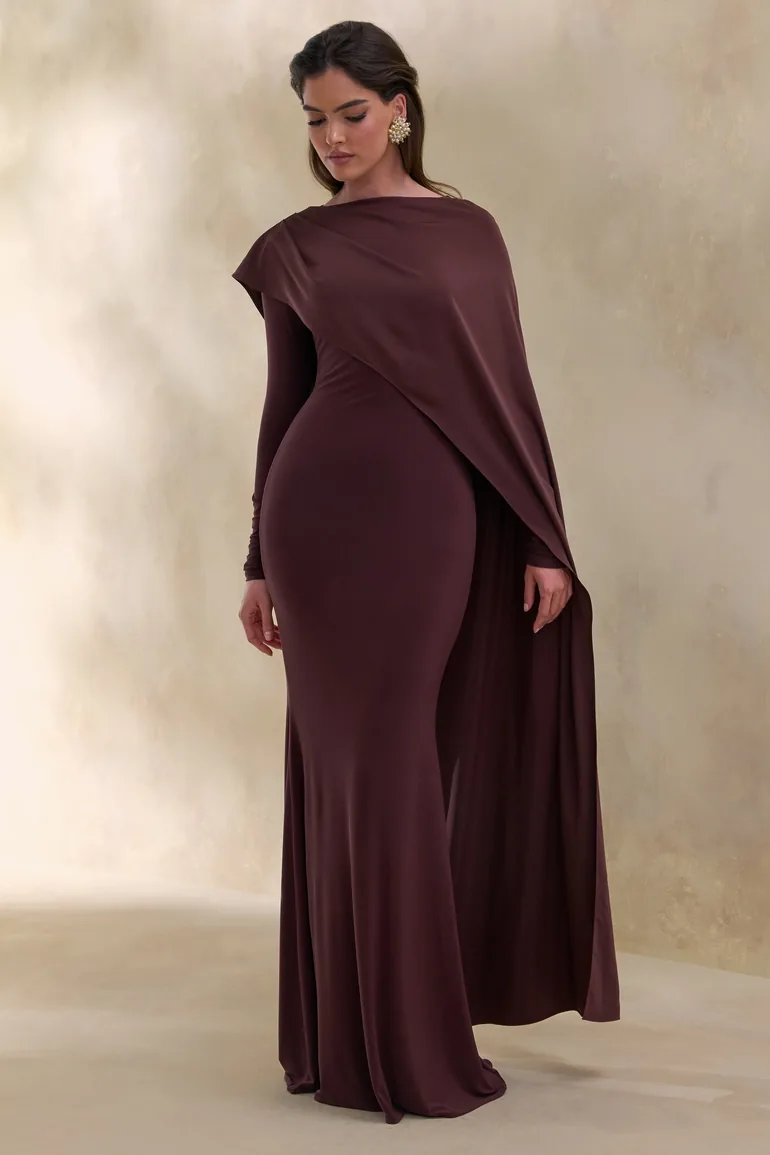 Salenne | Brown Round-Neck Maxi Dress With Satin Asymmetric-Cape - 4