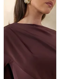 Salenne | Brown Round-Neck Maxi Dress With Satin Asymmetric-Cape - 6