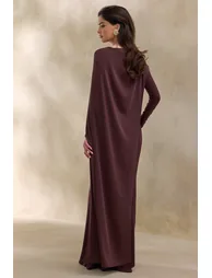 Salenne | Brown Round-Neck Maxi Dress With Satin Asymmetric-Cape - 1