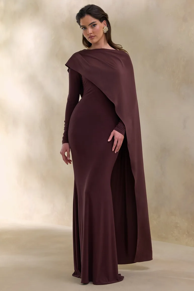 Salenne | Brown Round-Neck Maxi Dress With Satin Asymmetric-Cape - 3