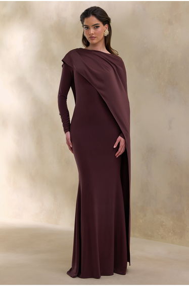 Salenne | Brown Round-Neck Maxi Dress With Satin Asymmetric-Cape