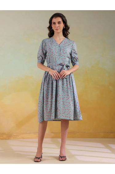 Women Floral Printed Puff Sleeves A-Line Knee-Length Dress