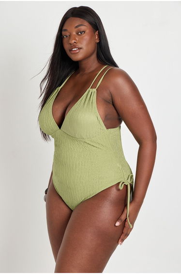 Plus Textured Plunge Swimsuit - olive