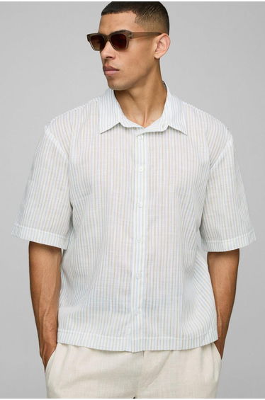 Oversized Half Sleeve Stripe Slub Collared Shirt