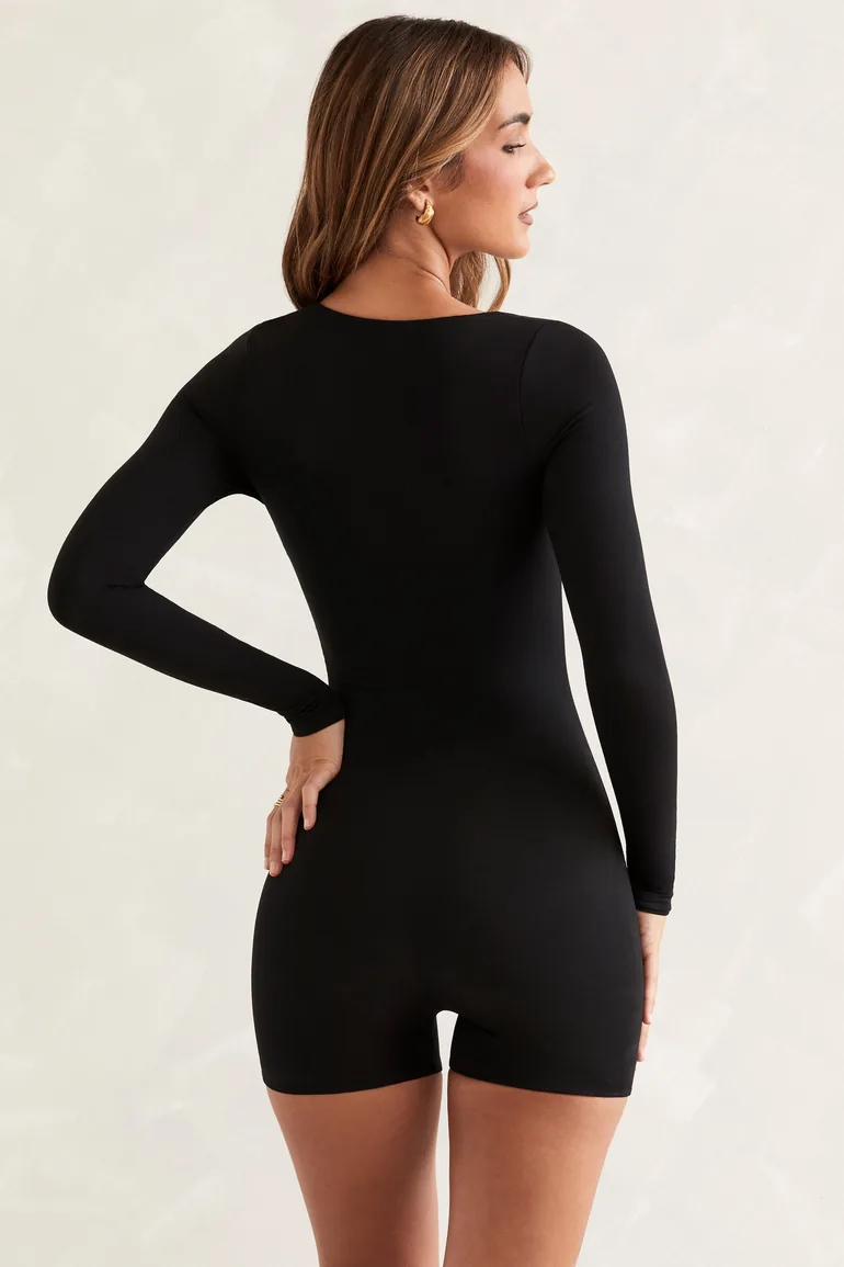 Long Sleeve Square Neck Unitard in Black - 1