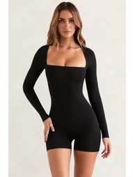 Long Sleeve Square Neck Unitard in Black