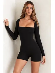 Long Sleeve Square Neck Unitard in Black - 3