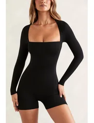 Long Sleeve Square Neck Unitard in Black - 6