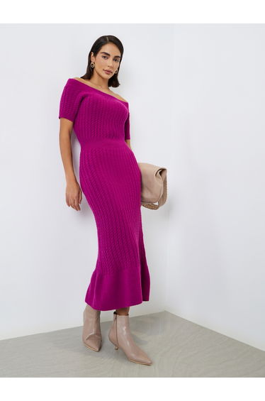 Purple Cable Knit Sweater Midi Dress