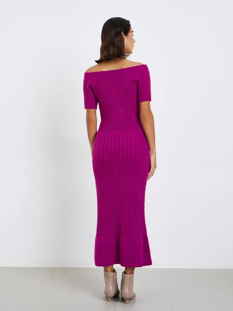 open lace back dress Purple Midi Dress Long Sleeve Round Neck Keyhole Rib Knit
