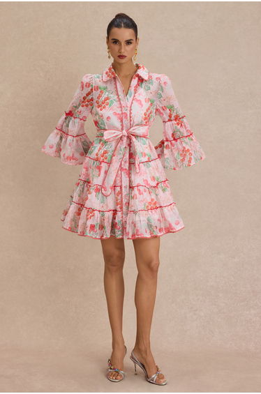 Botanical Print Lace Single Breasted Mini Dress