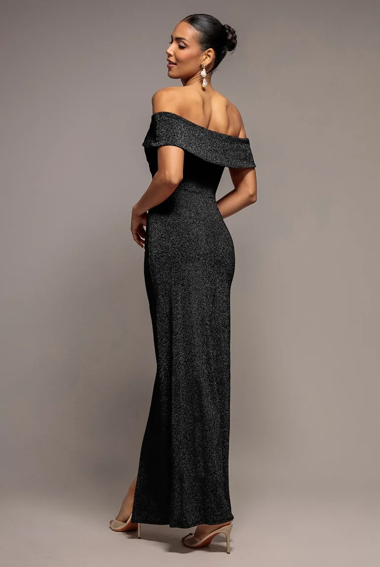 Goddiva Lurex Bardot Maxi With Waterfall Ruffle - Black - 1