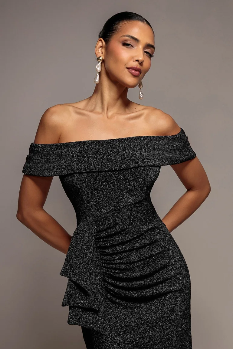 Goddiva Lurex Bardot Maxi With Waterfall Ruffle - Black - 2