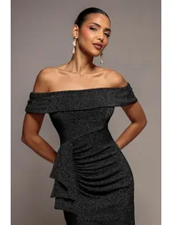 Goddiva Lurex Bardot Maxi With Waterfall Ruffle - Black - 2