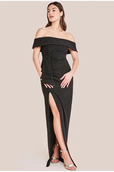 Goddiva Lurex Bardot Maxi With Waterfall Ruffle - Black