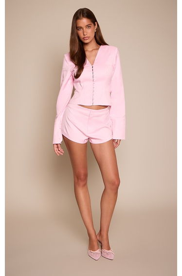 Baby Pink Tailored Shoulder Pad Button Detail Blazer