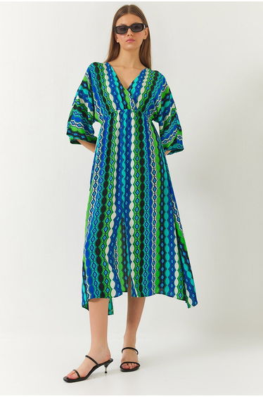 Women's Double Breasted V Neck Front Slit Detail Print Dress