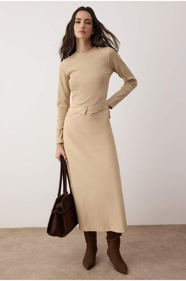 Camel Unlined Plain Knitted Woven Fabric Ribbed/Camisole Hijab Dress