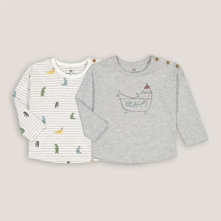Pack of 2 T-Shirts in Printed Cotton Mix with Long Sleeves - 2