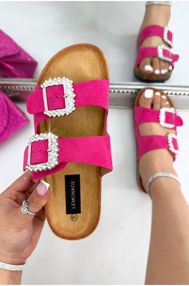 Sparkly Dream Double Buckle Sliders Hot Pink