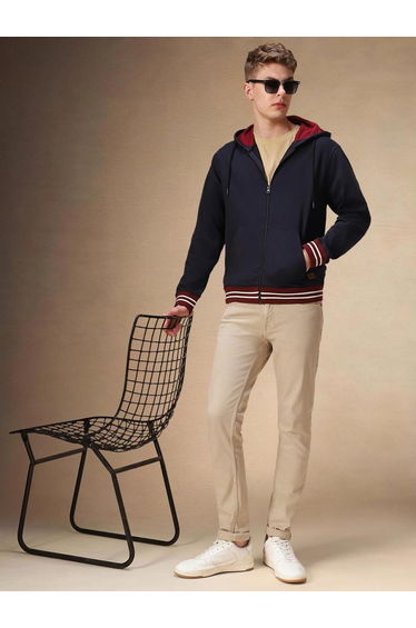 Men Navy Blue Striped Zip-Up Sweatshirt