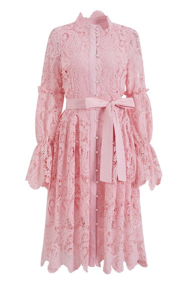 Paisley Lace Flared Cuffs Tie-Waist Buttoned Dress in Pink for Afternoon Tea & Weekend Brunches